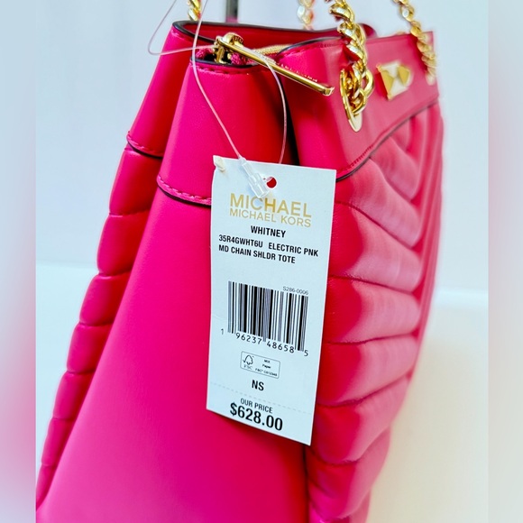 Michael Kors Whitney Medium Tote Shoulder Bag Qulited Stripe Electric Pink - Picture 15 of 16